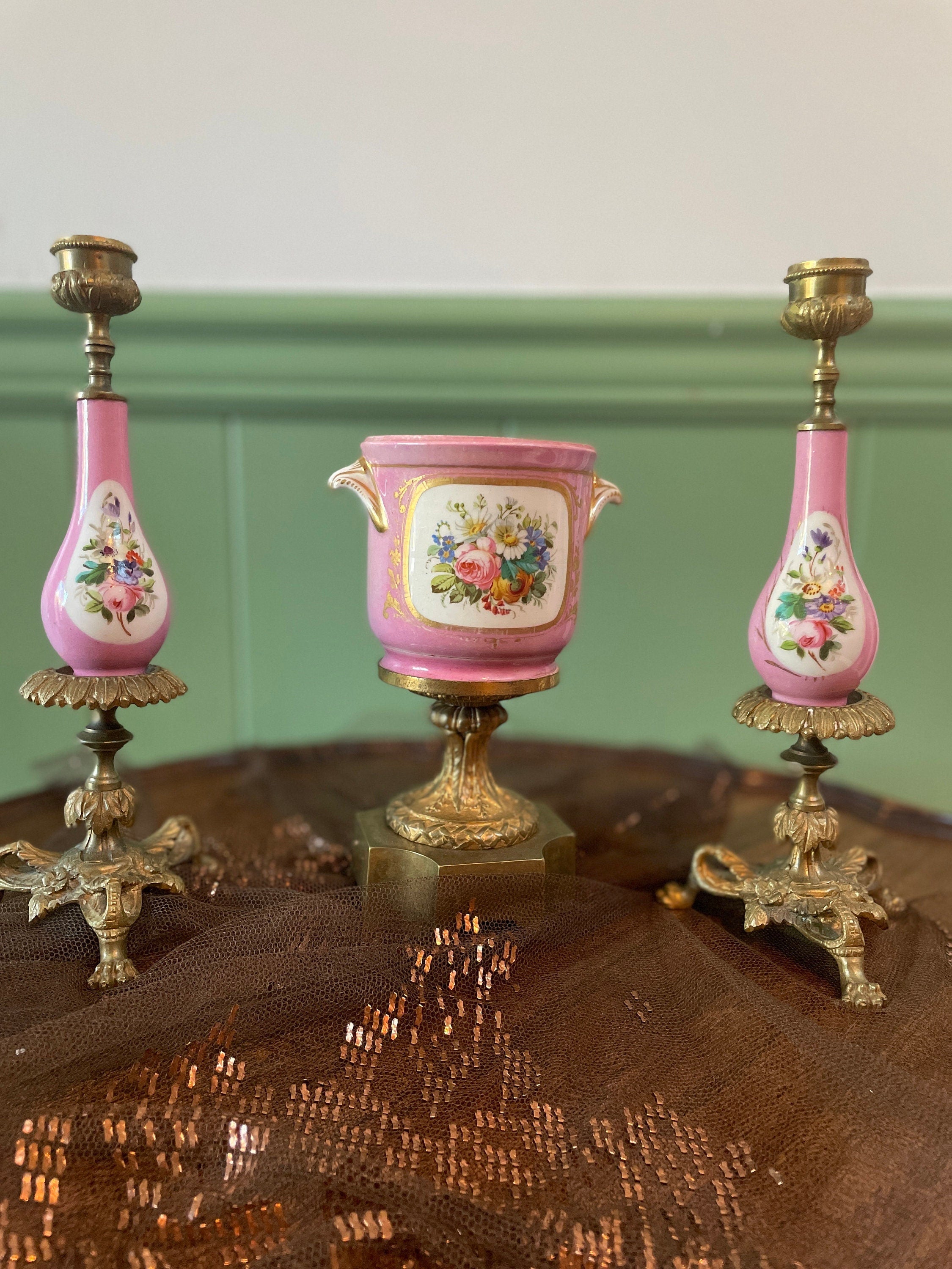 French Antique Porcelain Floral Centerpiece Pink Candlestick Set Brass Base Romantic Home Decor Table Accent Elegant Vintage Display