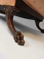 Antique Carved Wood Loveseat Silk Fabric Sofa French Style Peach Upholstery Gilded Motif Curved Back Vintage Settee Luxurious Furniture