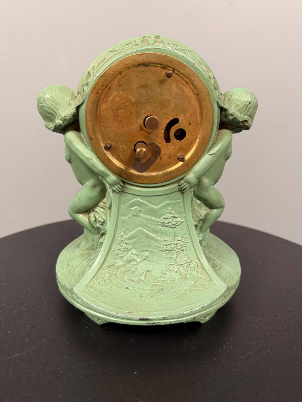 Antique Figural Cherub Mantel Clock Made in the USA, Green Painted Metal Table Clock