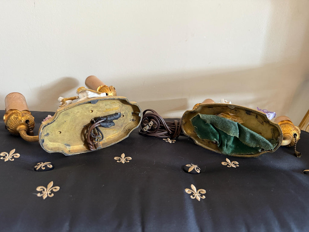 Antique Pair of French Victorian Bronze & Porcelain Lamps Early 1900s Hand Painted Figurines Flowers Exquisite Rare Pair Working Table Lamp