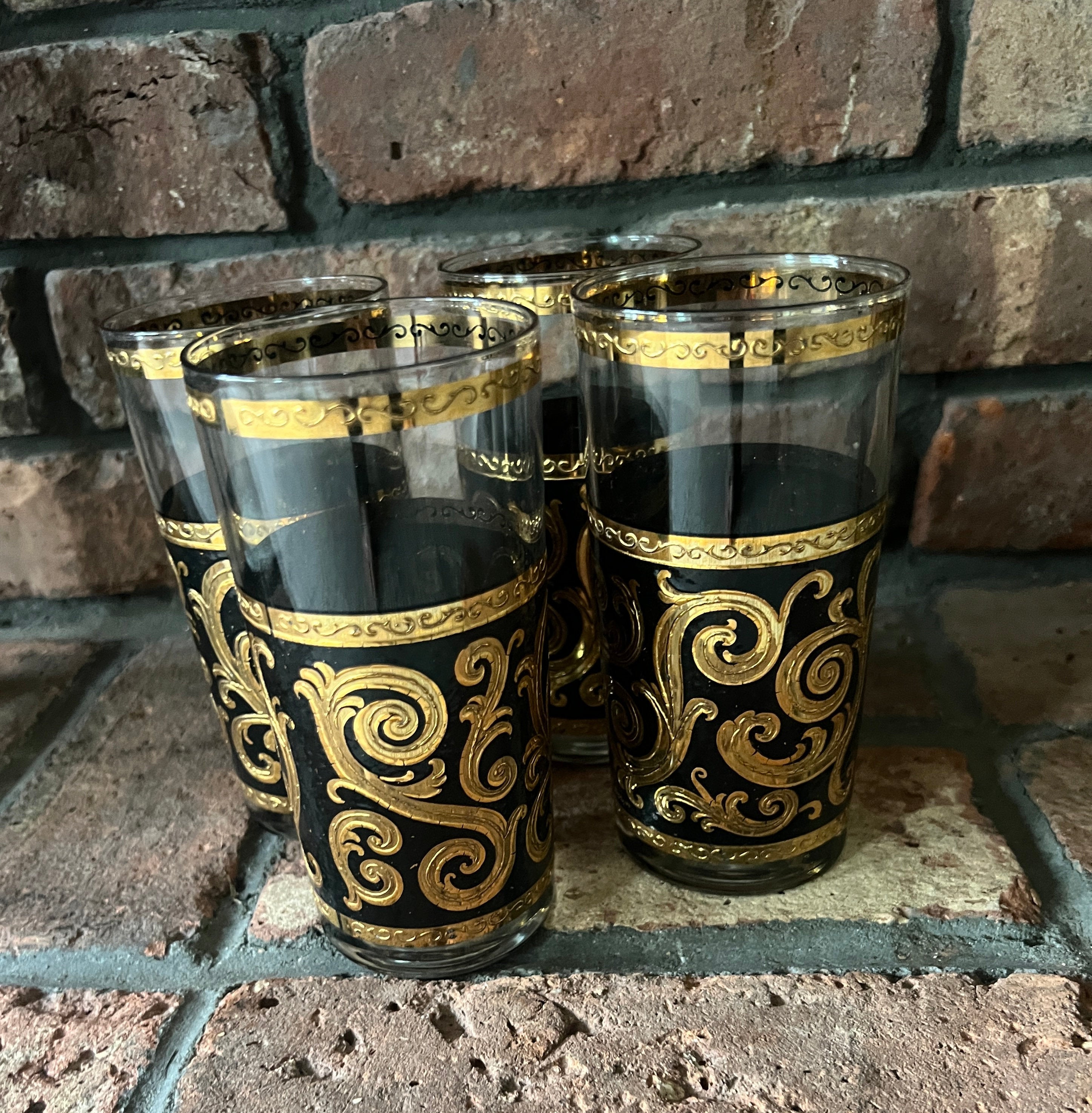 Set Of 9 Culver Black Gold Highball Glasses Vintage Barware Mid Century Hollywood Regency Elegant Scroll Design Cocktail Tumblers Decoration