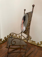 Antique Miniature Bronze Rocking Chair Portrait Enamel Backrest Ornate Victorian Display Chair Rare Collectible Home Decoration Piece
