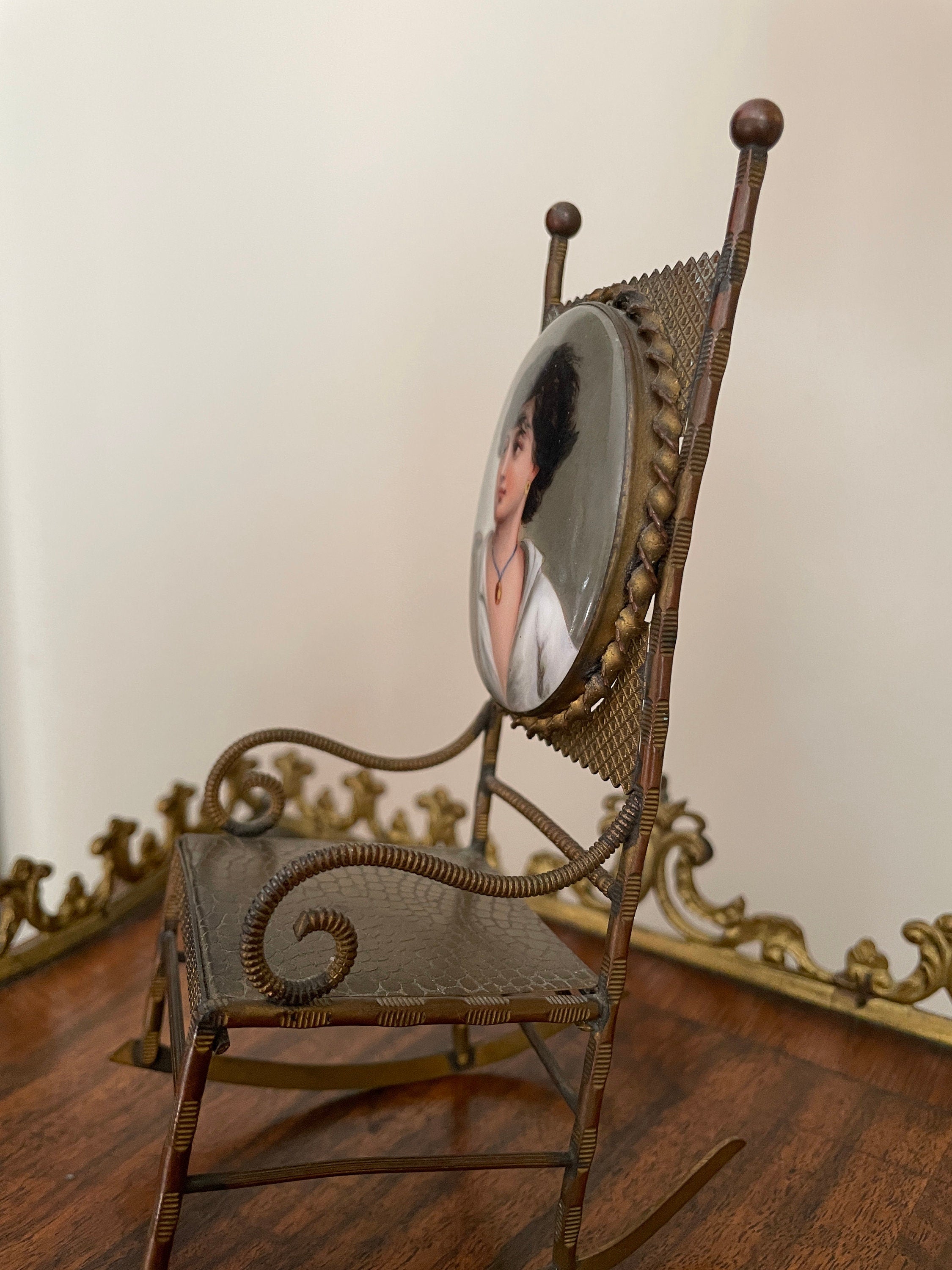 Antique Miniature Bronze Rocking Chair Portrait Enamel Backrest Ornate Victorian Display Chair Rare Collectible Home Decoration Piece