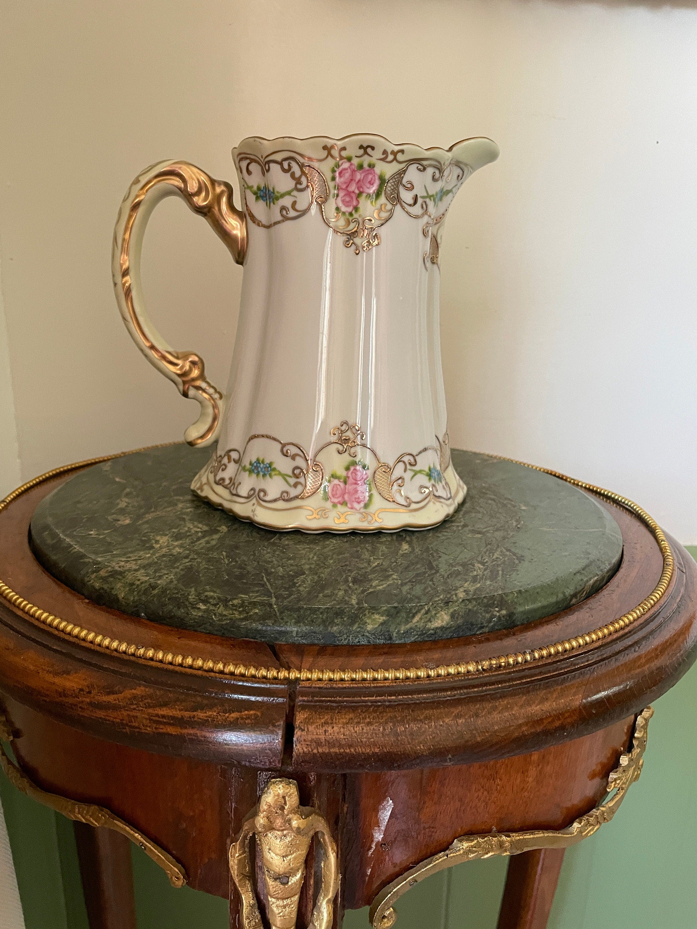 Antique Victorian Floral Hand Painted Porcelain  Pitcher Gold Gilt