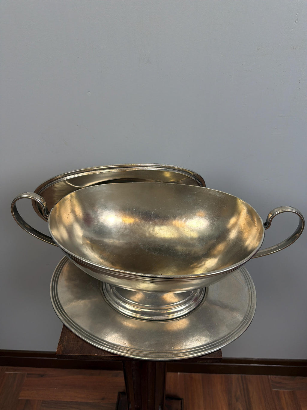 Vintage French Silver Plate Tureen With Underplate, Double Handle Serving Dish