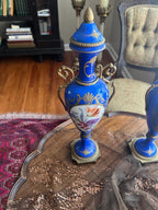 Antique French Cobalt Blue Porcelain Vases Pair Floral Urns Gilt Bronze Handles Victorian Home Decor Elegant Collectible Display Piece