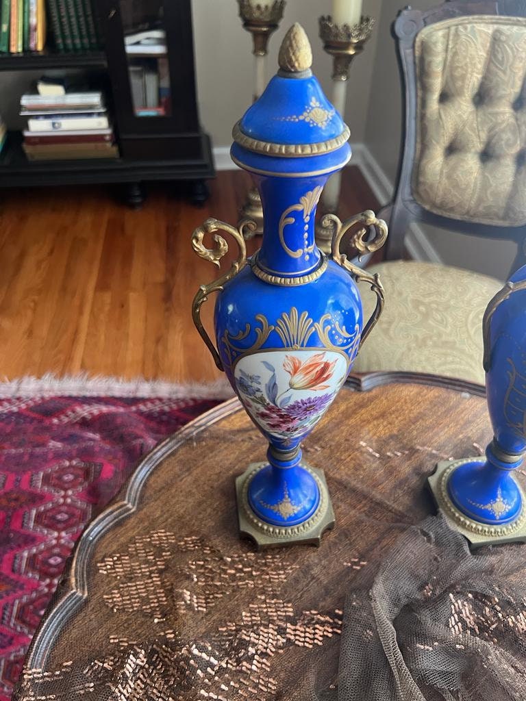 Antique French Cobalt Blue Porcelain Vases Pair Floral Urns Gilt Bronze Handles Victorian Home Decor Elegant Collectible Display Piece