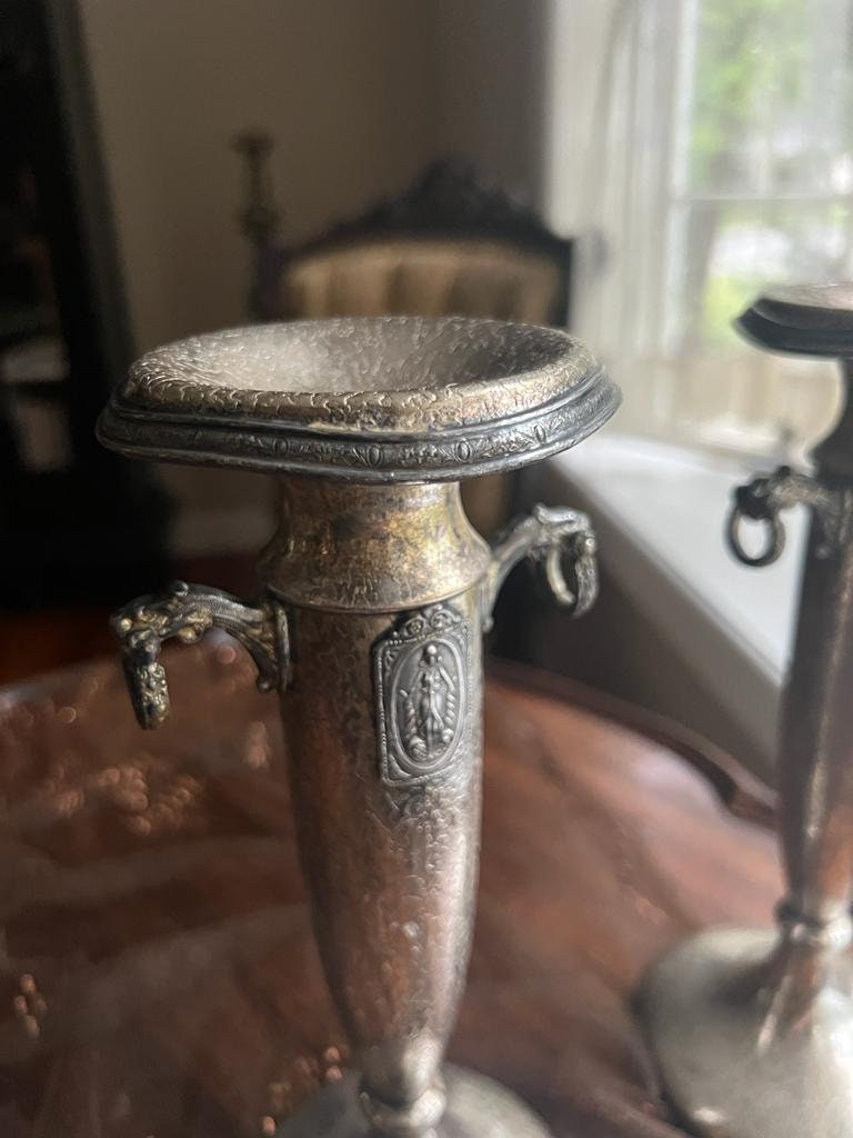 Antique Art Nouveau Silverplate Candlestick Pair Ornate Column Design Lion Head Handles Decorative Candle Holder Home Decor Display Accent