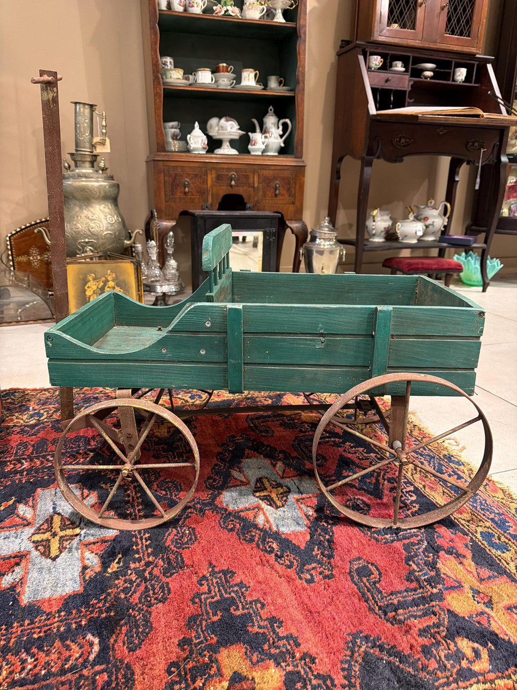 Antique Wooden Wagon Green Child Pull Wagon Primitive Farm Cart Rustic Farmhouse Decor Outdoor Planter