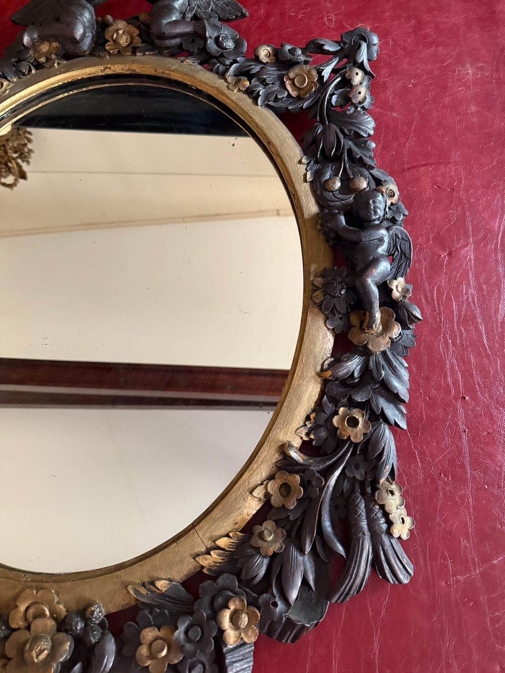 Antique Victorian Oval Mirror Hand-Carved Cherubs & Floral Motifs Dark Wood Gilt Frame Baroque Style  French Home Decoration Wall Mirror