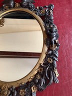 Antique Victorian Oval Mirror Hand-Carved Cherubs & Floral Motifs Dark Wood Gilt Frame Baroque Style  French Home Decoration Wall Mirror