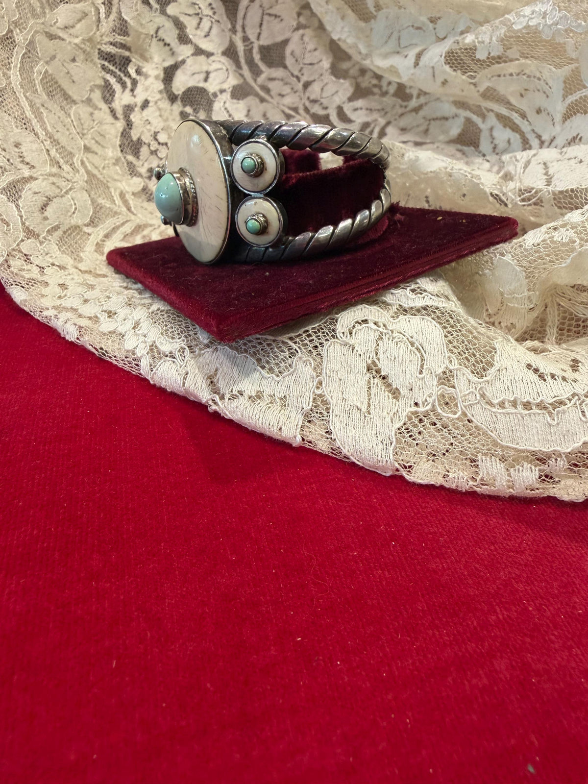 Vintage Southwestern Style Turquoise Cuff Bracelet Bone Inlay Silver Tone
