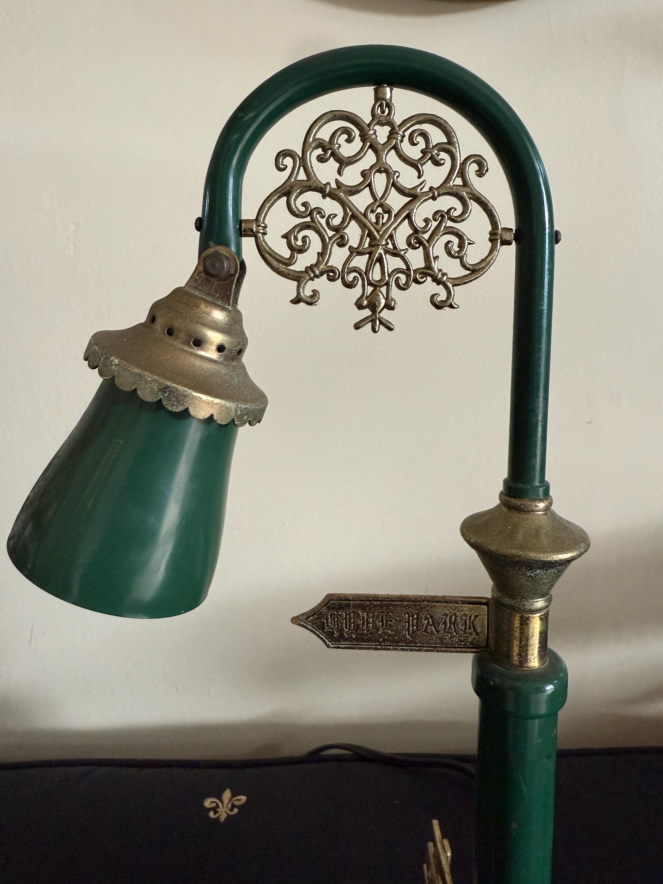 Vintage Park Lamp Post Desk Lamp with Miniature Bench and Sign | Retro Industrial Table Light | Collectible Novelty Lighting Green Gold