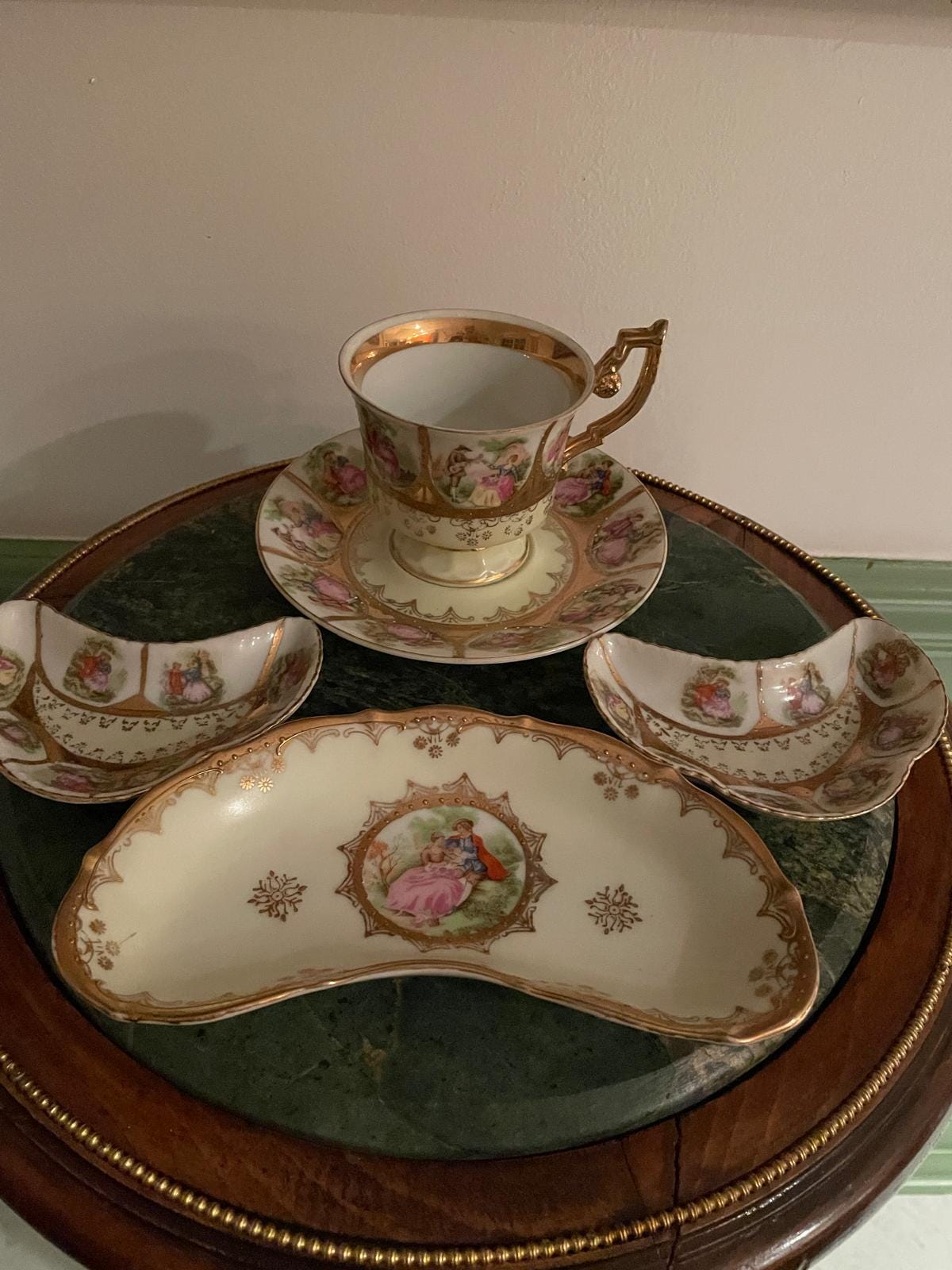 Vintage German Porcelain Tea Snack Set Romantic Courting Scene Gold Trim Hand Painted Cup Tray Bowls Collectible Rococo Style Display Piece
