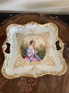 Antique Hand Painted Porcelain Tray Rococo Gold Gilt French Style Victorian Wall Hanging Figurative Decorative Plate Collectible Art Piece