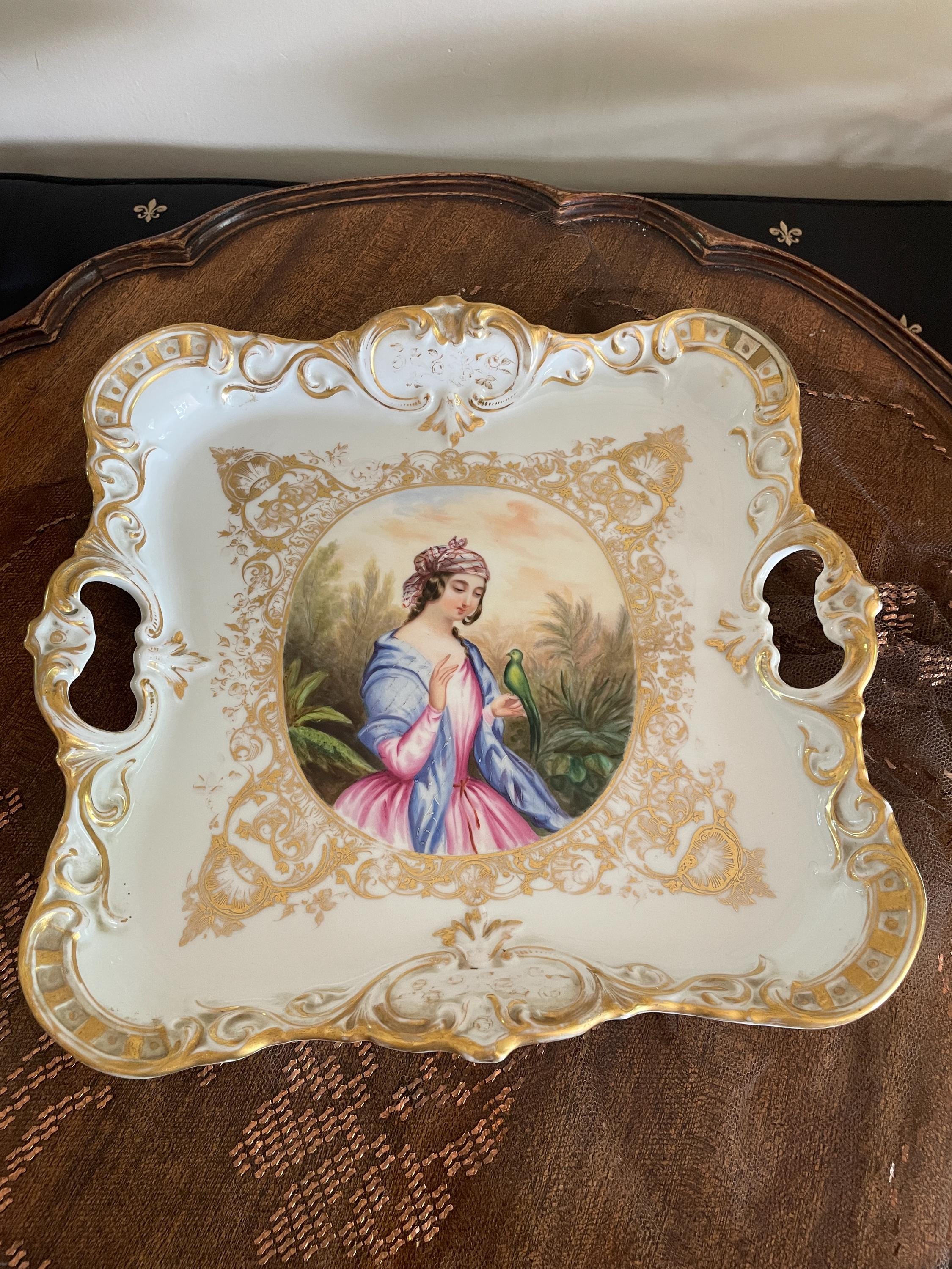 Antique Hand Painted Porcelain Tray Rococo Gold Gilt French Style Victorian Wall Hanging Figurative Decorative Plate Collectible Art Piece