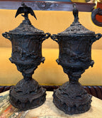 Antique Bronze Hunting Scene Urns Pair: Stag, Hound, Mixed Bird Finials