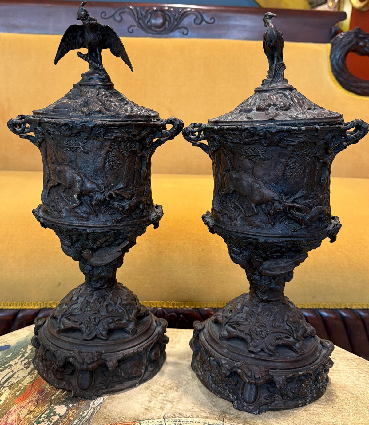 Antique Bronze Hunting Scene Urns Pair: Stag, Hound, Mixed Bird Finials