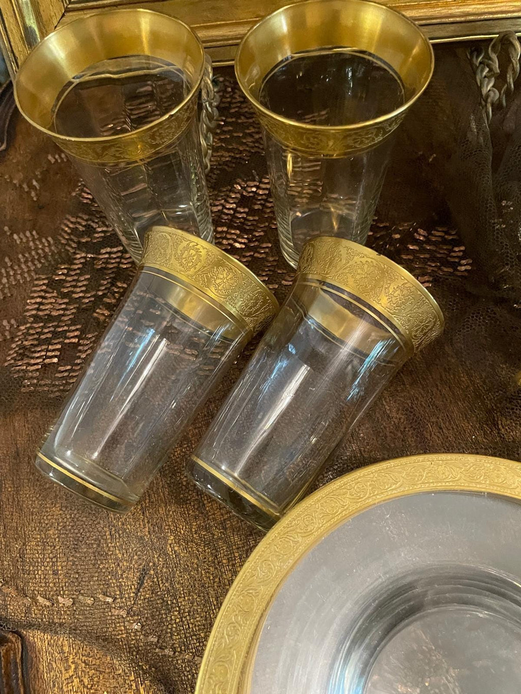 Vintage Gold Rimmed Glassware Set Crystal Dessert Plates Barware Tumblers Wine Glasses Cocktail Goblets Elegant Hollywood Regency Style