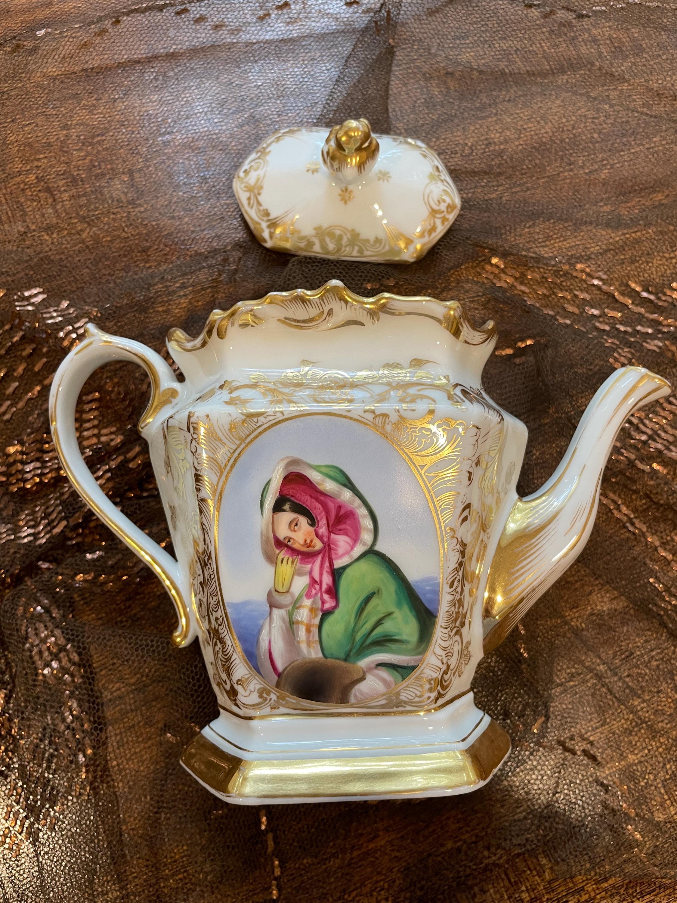 Very Old Paris Portrait Gold Gilt Porcelain Hand Painted Creamer Sugar Bowl Coffee Pot Victorian Ornate Gilded Serving Tray French Tea Set