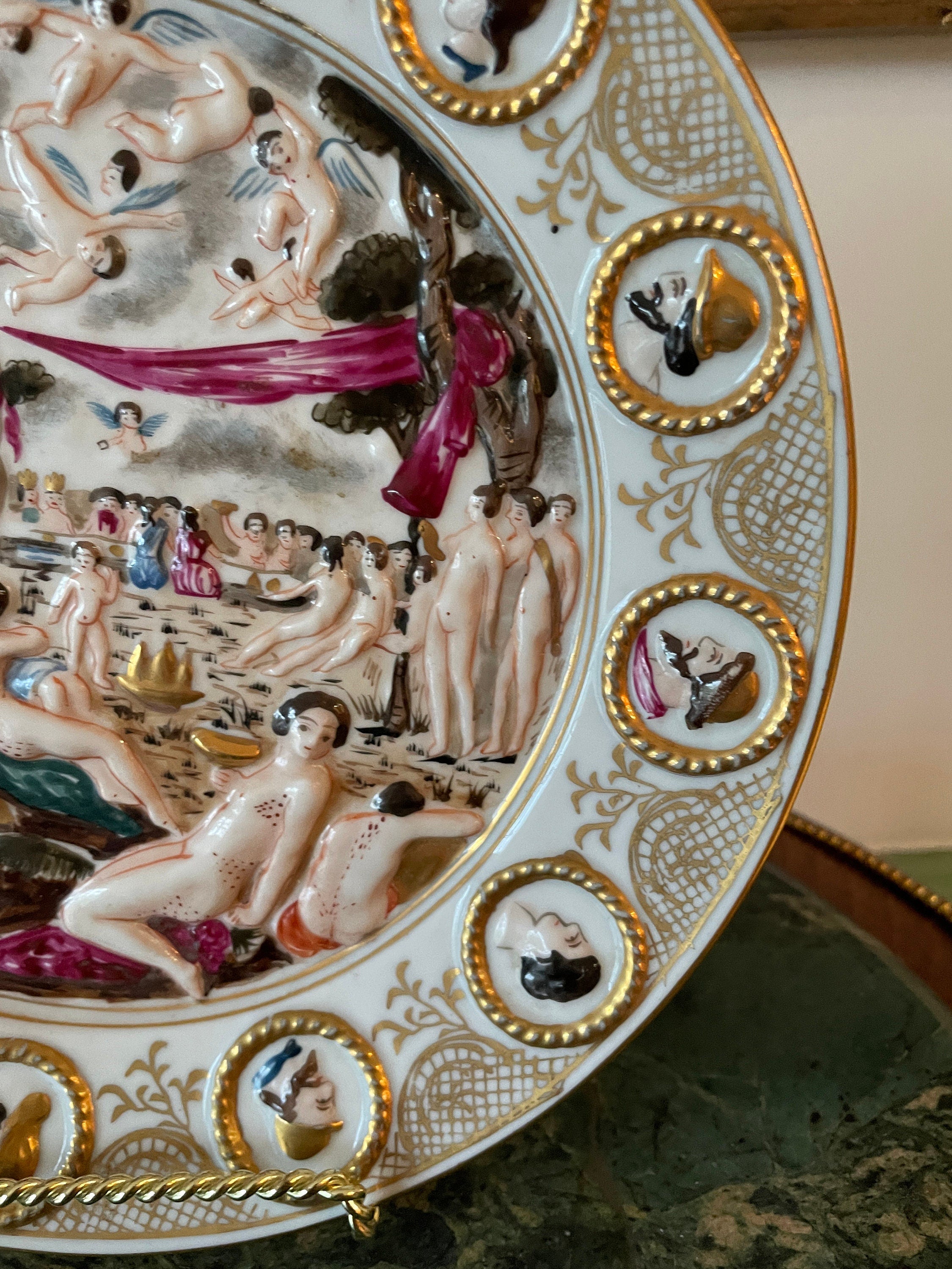 Antique Nude Scene Porcelain Plate Embossed Gold Border Mythological Bacchanal Style Collectible Display Hand Painted Rococo Decoration