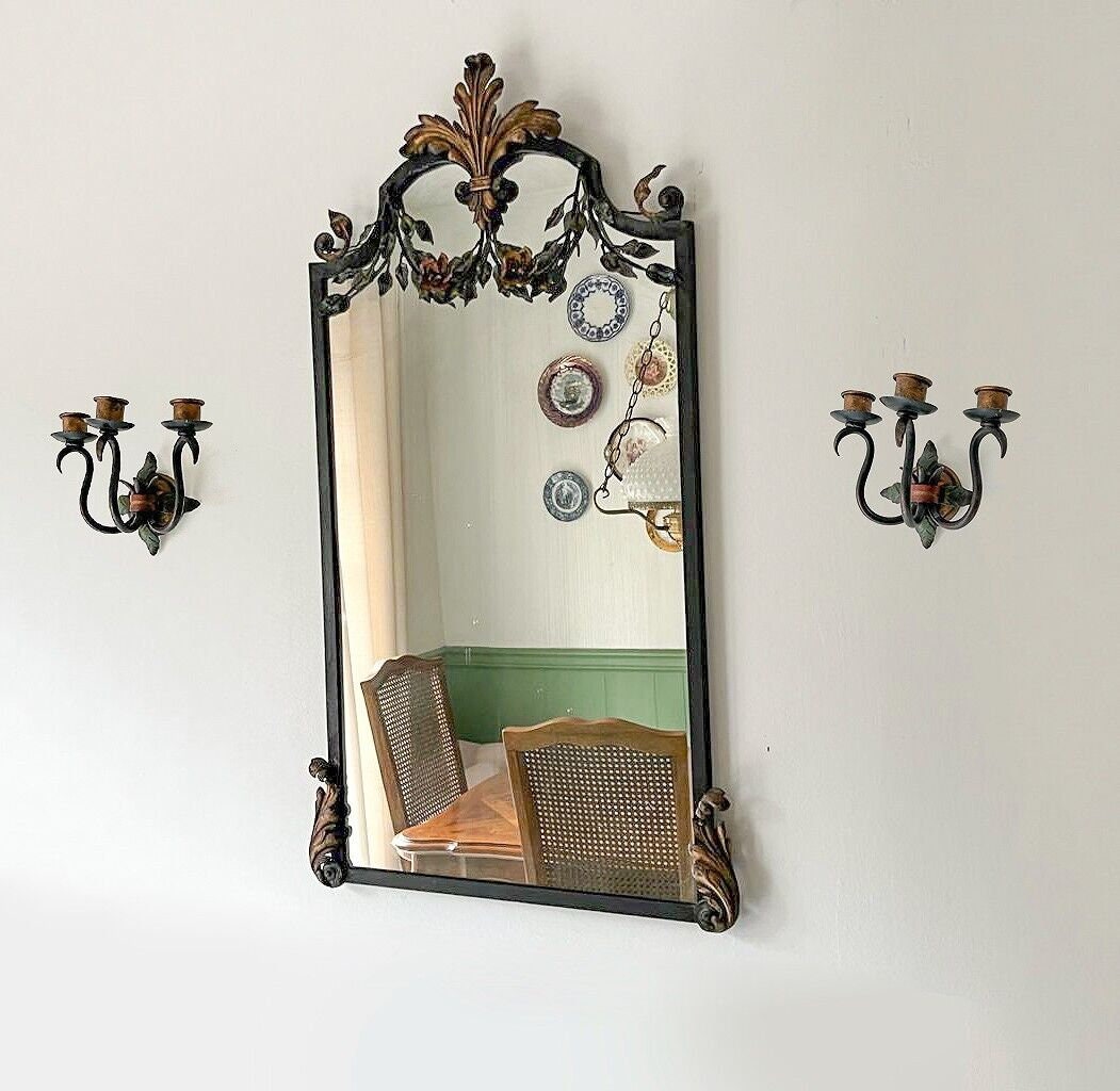 Polychromed Iron Vintage Italian Florentine Style Floral Mirror Wall Sconces Set French Gold Leaf Wrought Iron Decor Elegant Entry Accent