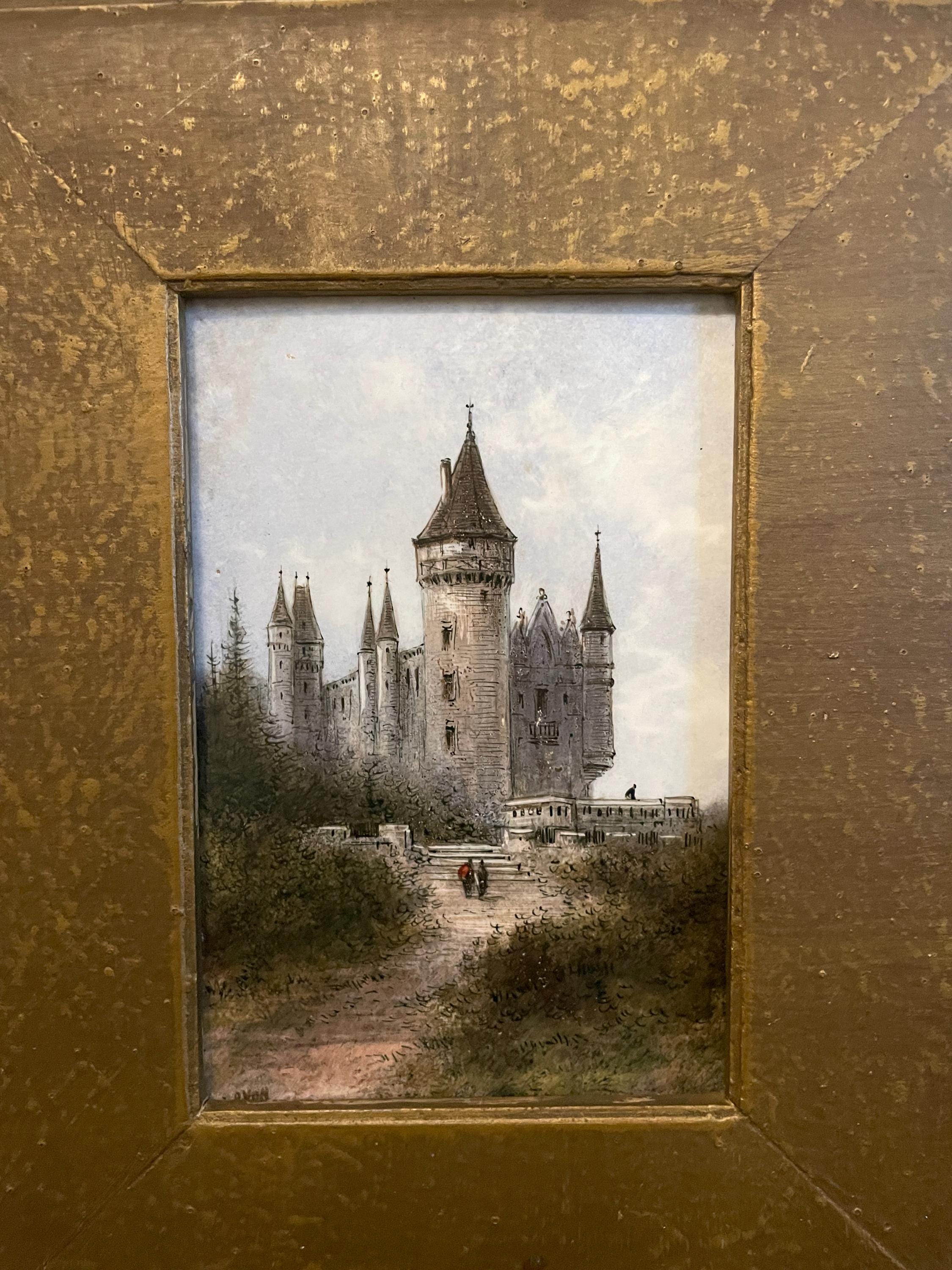 Vintage Hand-Painted Castle Scene Ornate Gold Gilded Frame Romantic Artwork Signed Collectible Architectural Landscape Wall Decor