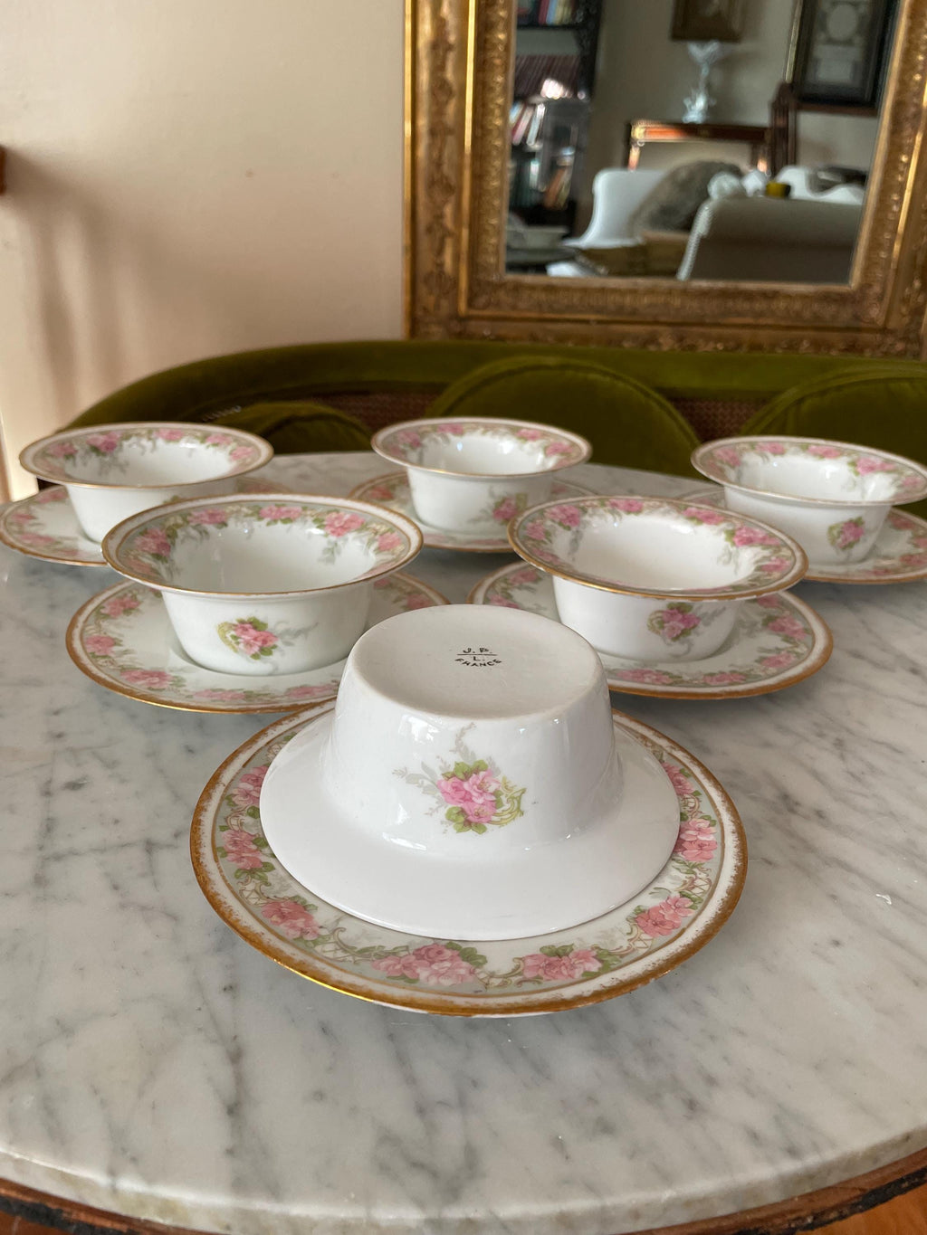Jean Pouyat Limoges Pink Roses Gold Ramekin & Saucers Set of 6 Vintage Floral Porcelain Soup Bowls Set Gold Rimmed Elegant Dishware
