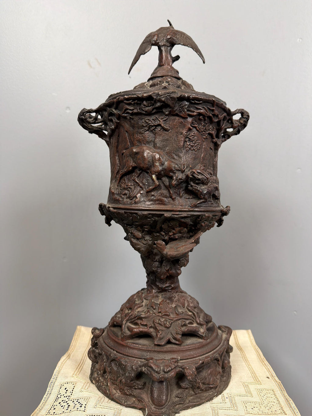 Antique Bronze Hunting Scene Urns Pair: Stag, Hound, Mixed Bird Finials