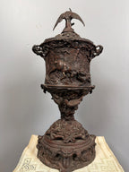 Antique Bronze Hunting Scene Urns Pair: Stag, Hound, Mixed Bird Finials