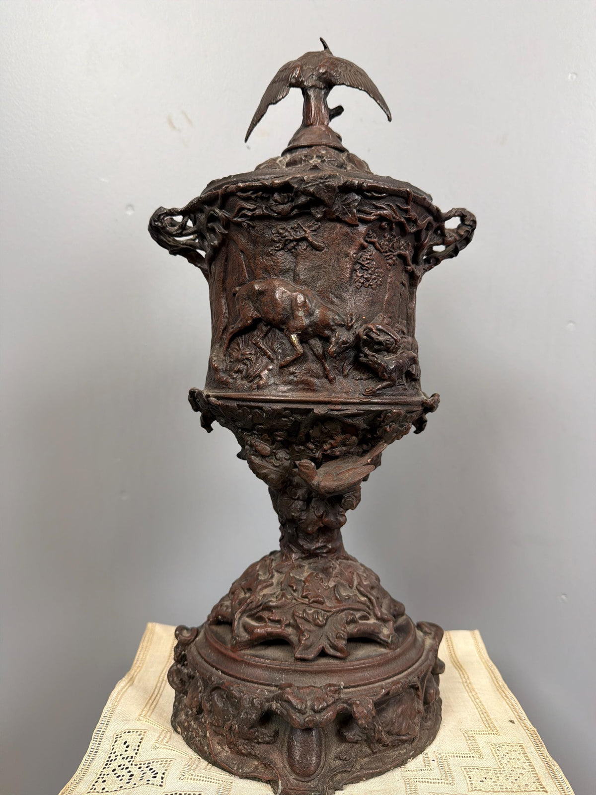 Antique Bronze Hunting Scene Urns Pair: Stag, Hound, Mixed Bird Finials