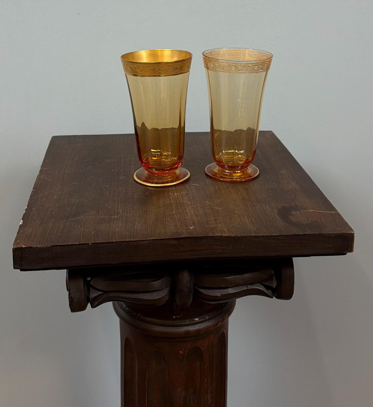 Vintage Amber Glass Tumblers Set of 7 Gold Rim Two Patterns Highball Glasses Mid Century Barware Honey Gold Drinkware