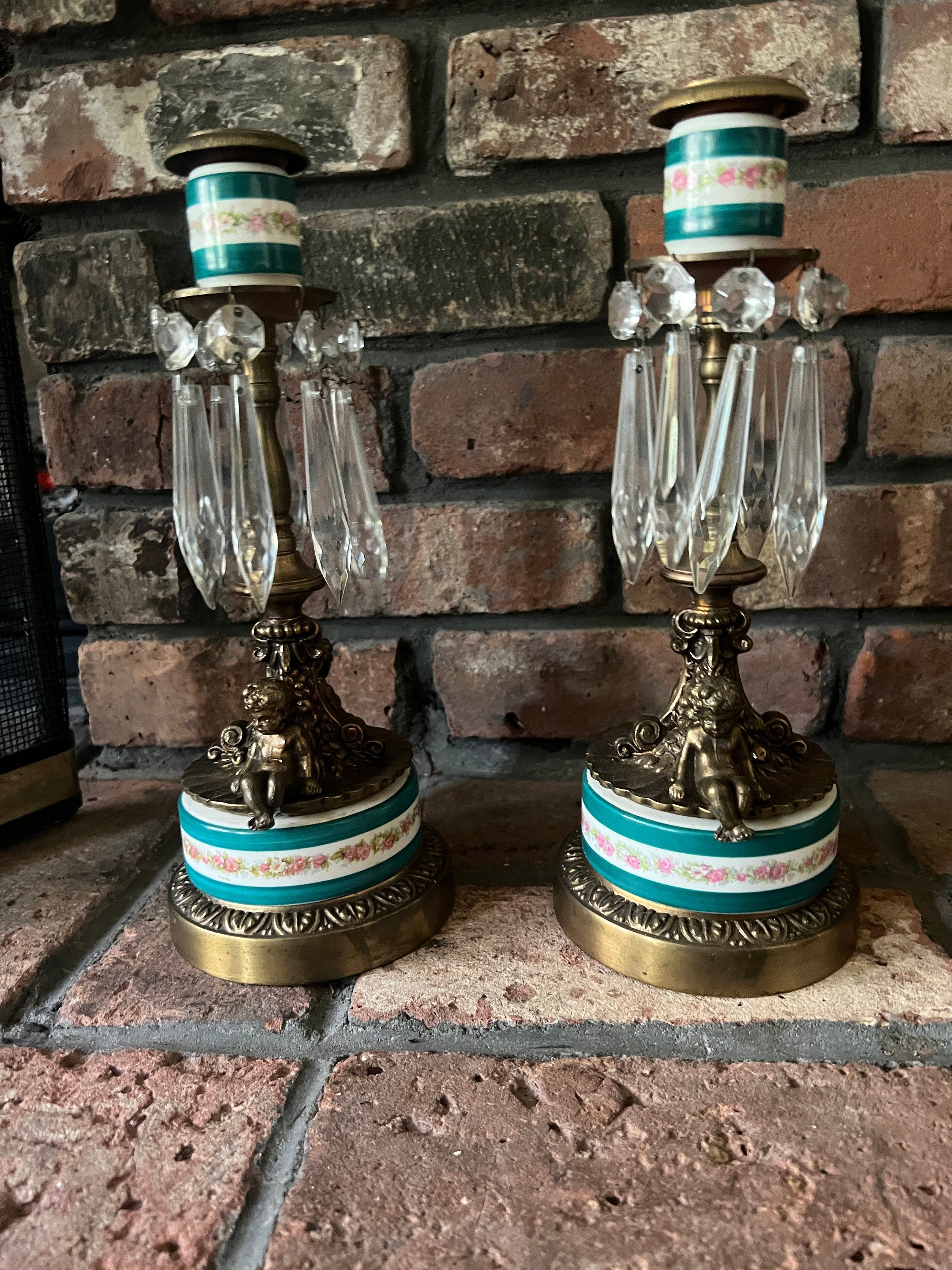 Antique Brass Cherub Candle Holders Crystal Prism Accents Porcelain Base Floral Band French Rococo Style Pair Romantic Shabby Chic Decor