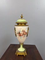 Antique French Porcelain Ormolu Lidded Urn Vase, Cherub Putti Painted Decorative Vase