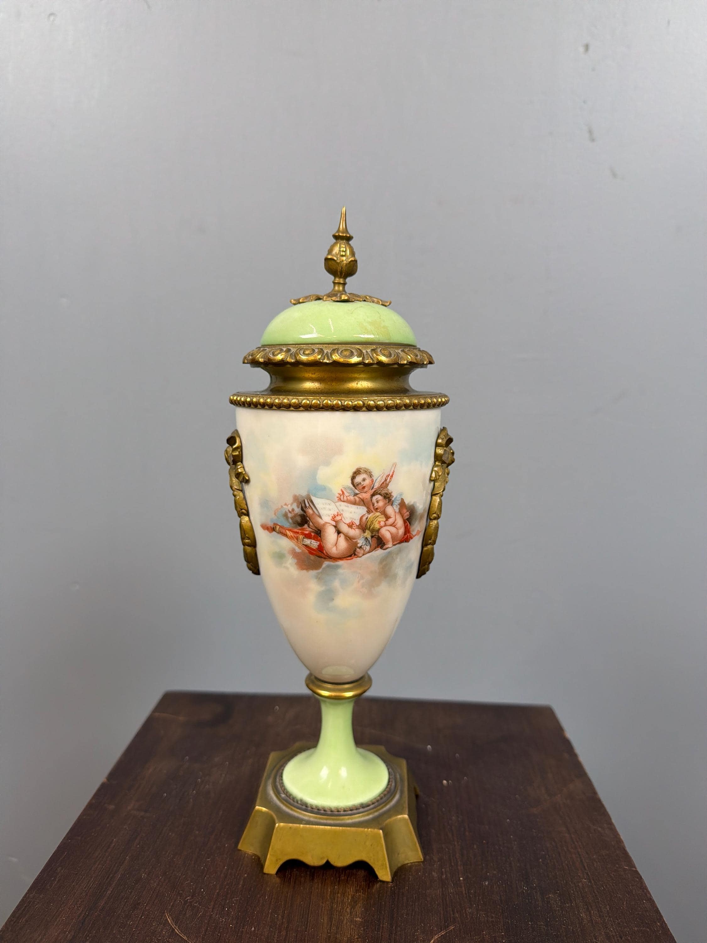 Antique French Porcelain Ormolu Lidded Urn Vase, Cherub Putti Painted Decorative Vase