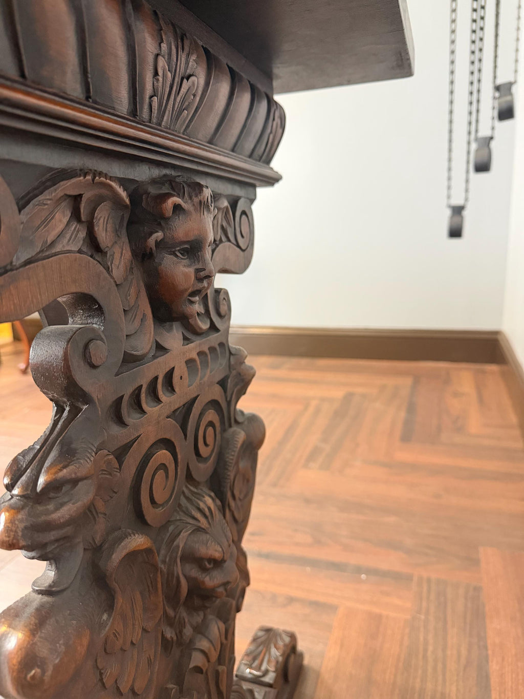 Antique Style Carved Wood Console Table Renaissance Revival Cherub Lion Griffin Sofa Table