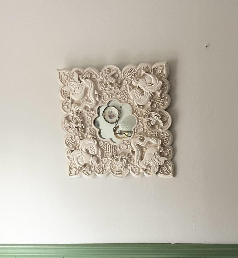 Ornate Carved Wall Mirror Square Decorative Frame Vintage Asian Style White Art Panel Wood Sculpture Floral Dragon Phoenix Symbolic Decor