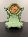 Antique Figural Cherub Mantel Clock Made in the USA, Green Painted Metal Table Clock