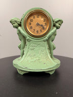 Antique Figural Cherub Mantel Clock Made in the USA, Green Painted Metal Table Clock