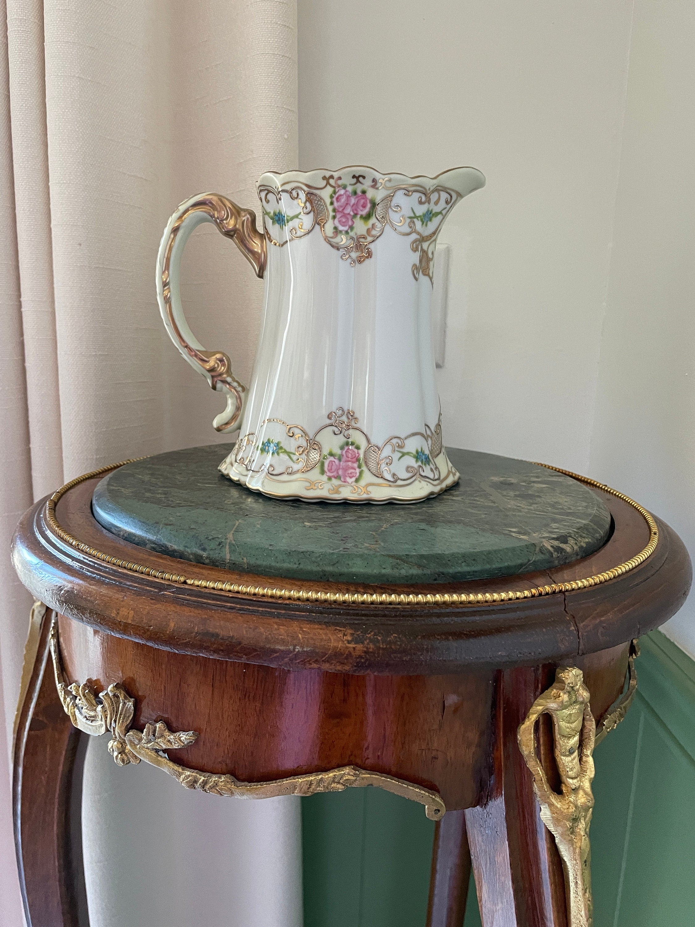 Antique Victorian Floral Hand Painted Porcelain  Pitcher Gold Gilt
