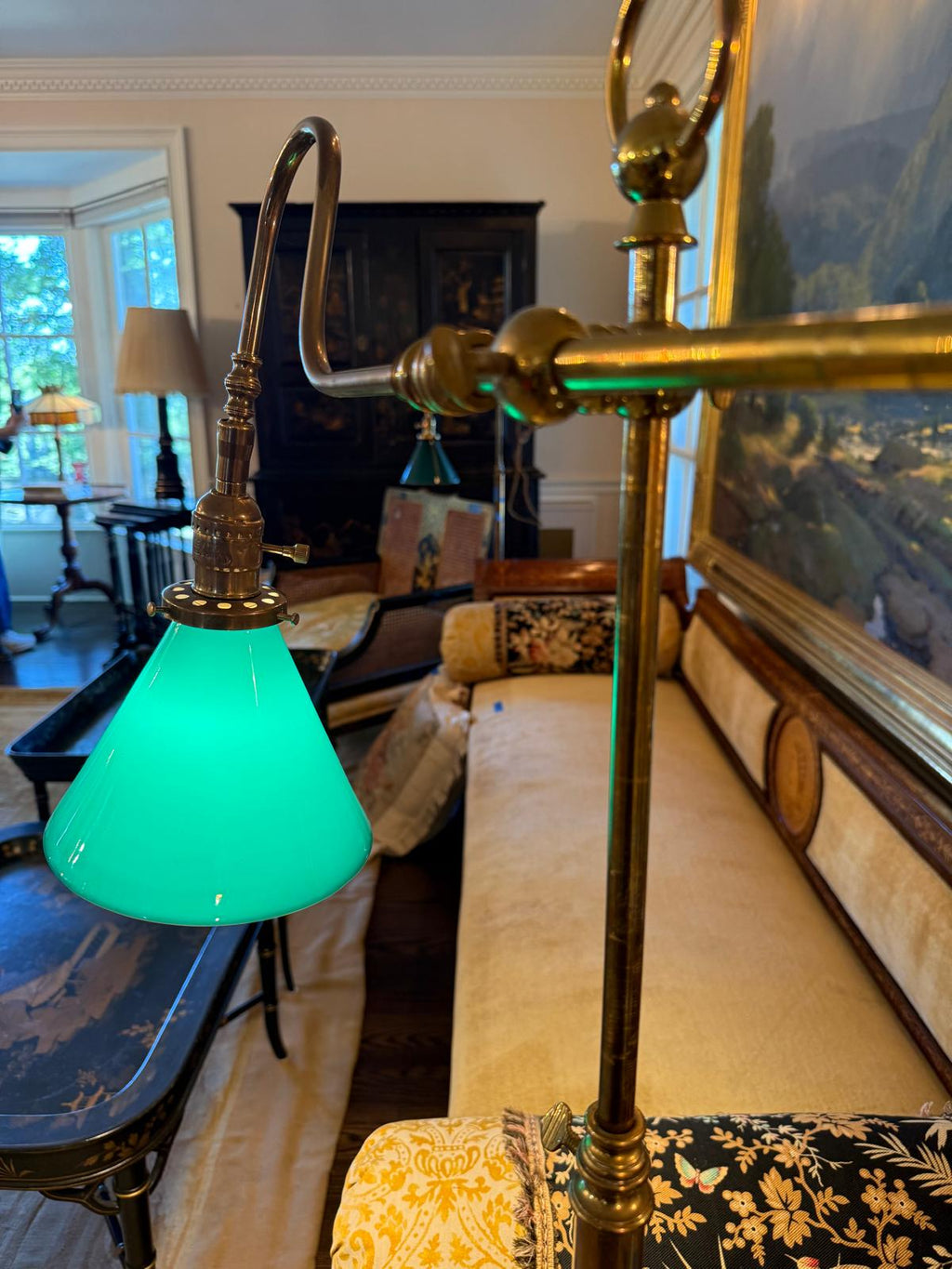 Antique Brass Floor Lamp, Emerald Green Glass Shade, Art Nouveau Library Lamp
