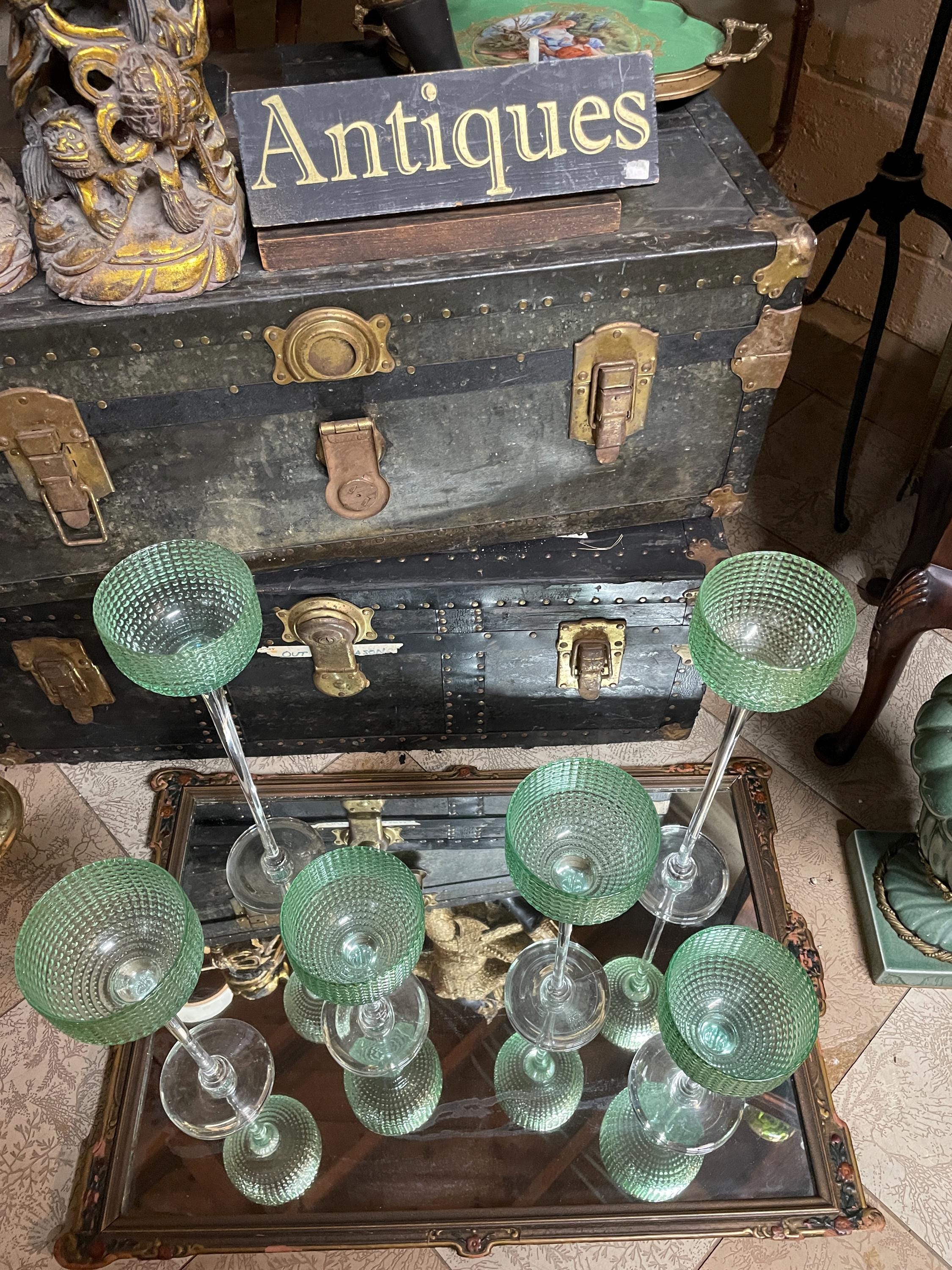 Vintage Tall Green Hobnail Glasses Set of 5 Cocktail Art Deco Glassware Goblets Multi-Purpose Glasses Decorative Vases Candlestick Holders