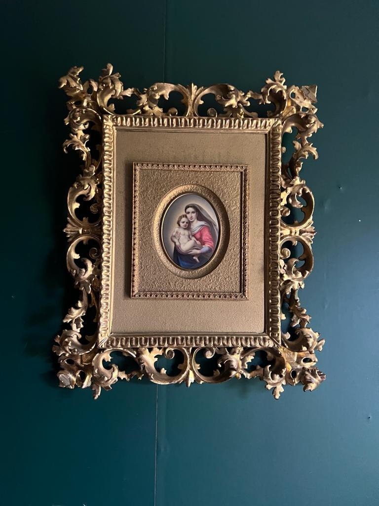 Antique KPM Porcelain Rare Oil Painting of Madonna on an Oval porcelain plaque Gold Gilwood Framed