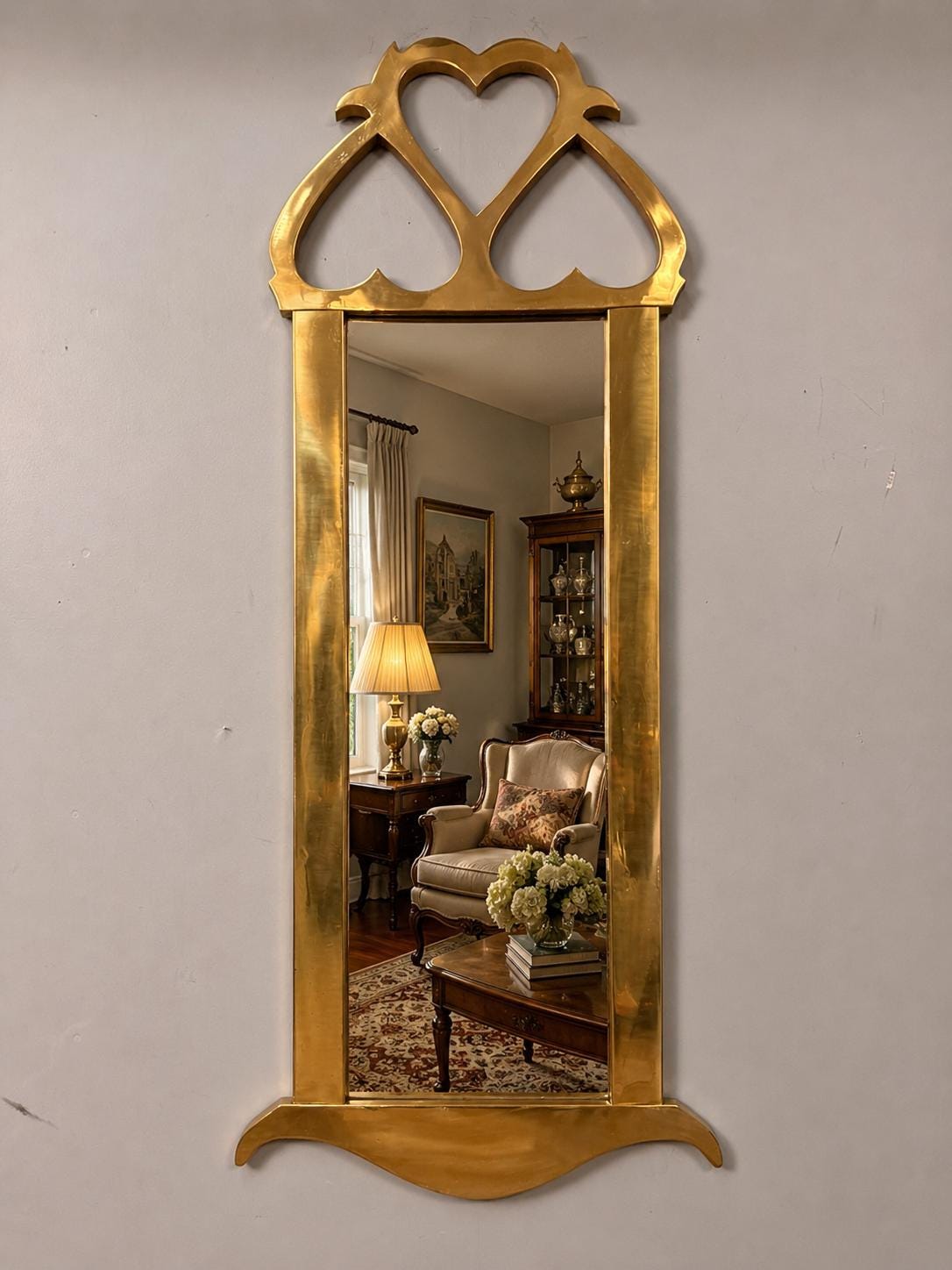 Vintage Beveled Brass Rectangular Entryway Wall Mirror with Heart Detail, 44” Tall