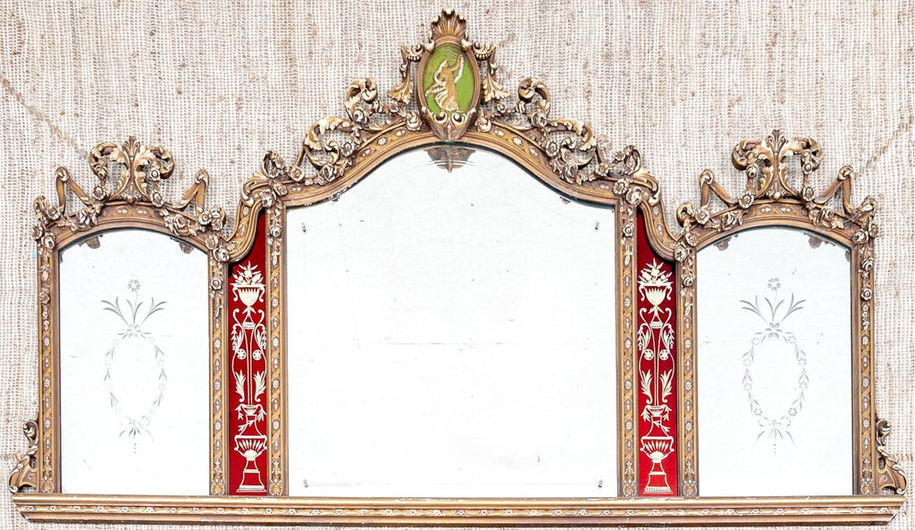 Antique Trifold Mirror Gilt Carved Frame Etched Glass Victorian Neoclassical Mirror Red Panel Impressive Etched 3 Part Large Mirror C 1840