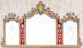 Antique Trifold Mirror Gilt Carved Frame Etched Glass Victorian Neoclassical Mirror Red Panel Impressive Etched 3 Part Large Mirror C 1840
