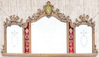 Antique Trifold Mirror Gilt Carved Frame Etched Glass Victorian Neoclassical Mirror Red Panel Impressive Etched 3 Part Large Mirror C 1840