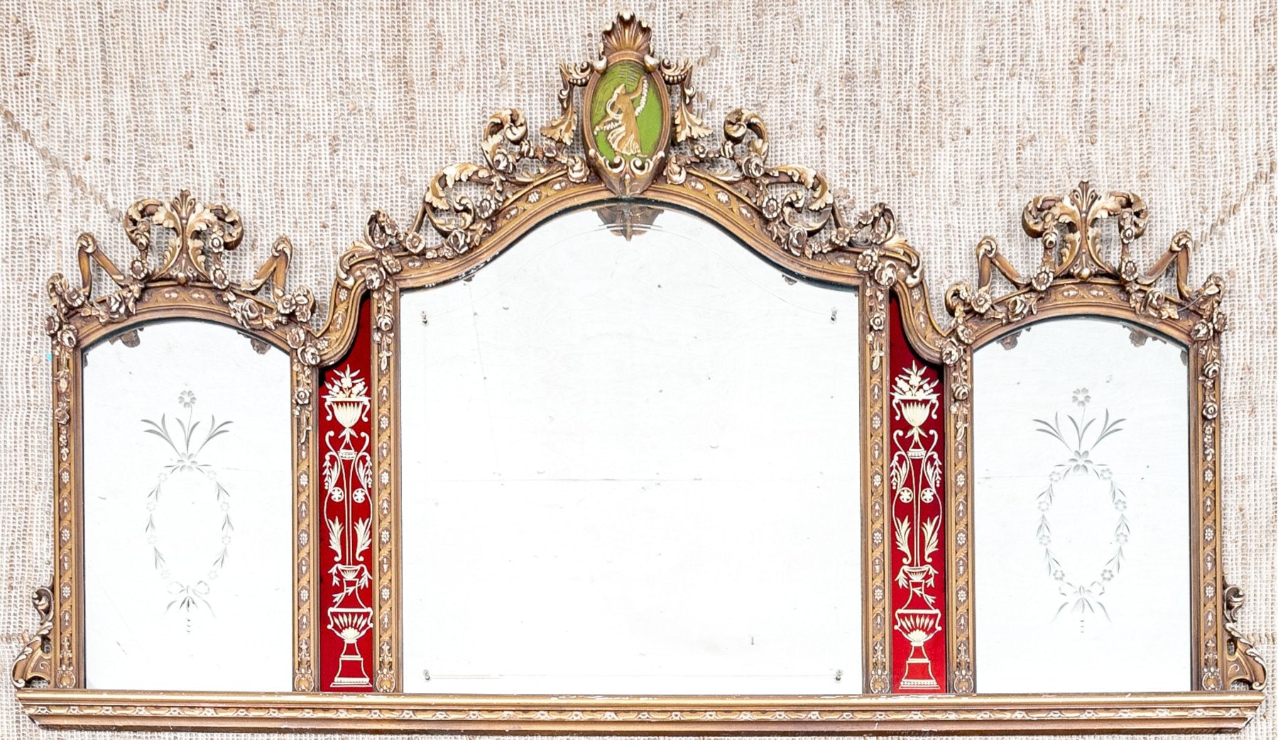 Antique Trifold Mirror Gilt Carved Frame Etched Glass Victorian Neoclassical Mirror Red Panel Impressive Etched 3 Part Large Mirror C 1840