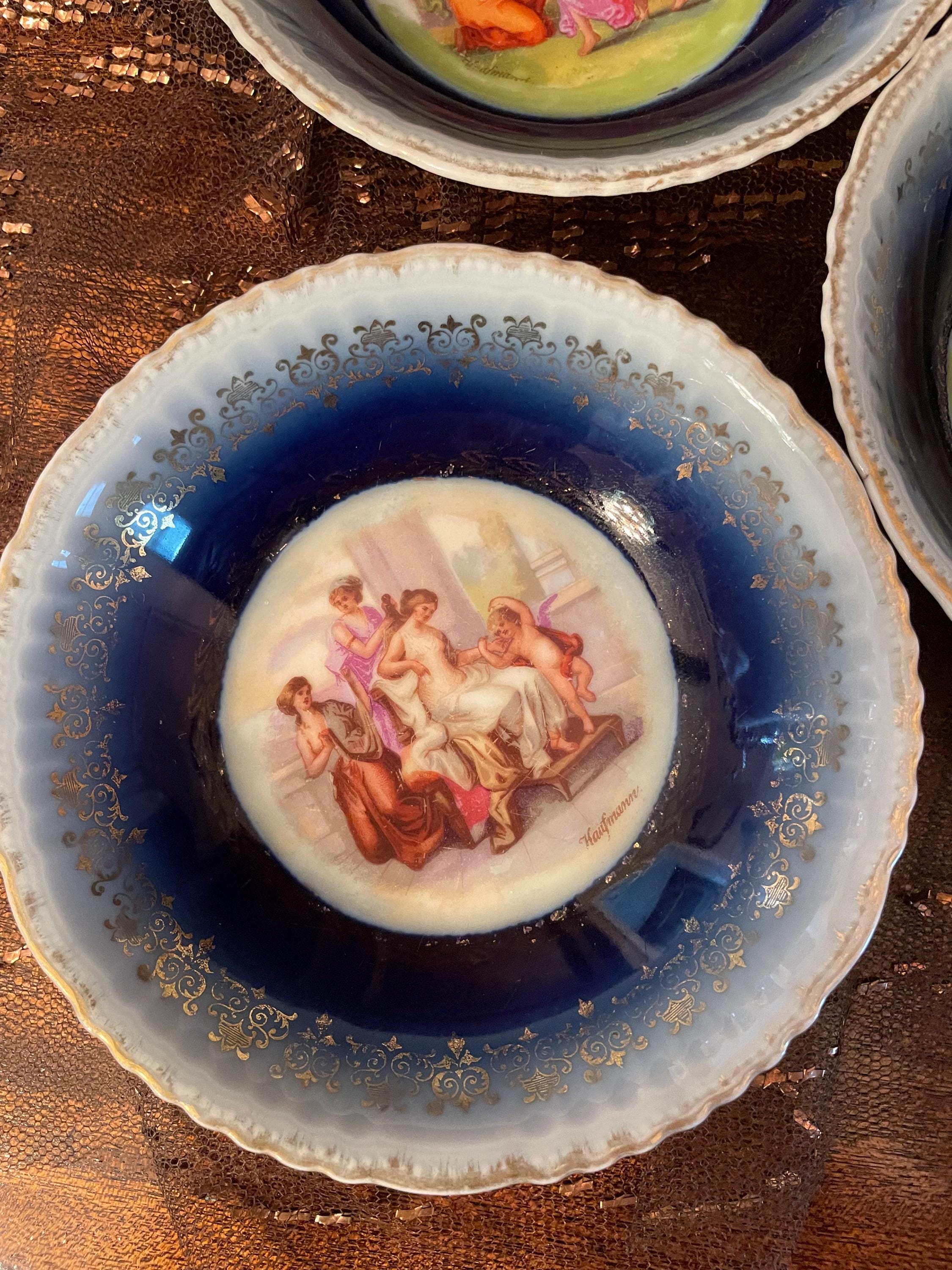 Vintage Cobalt Blue Porcelain Bowl Set Mythological Romantic Scenes Gold Trim Embossed Edges Decorative European Tableware Art Collectible