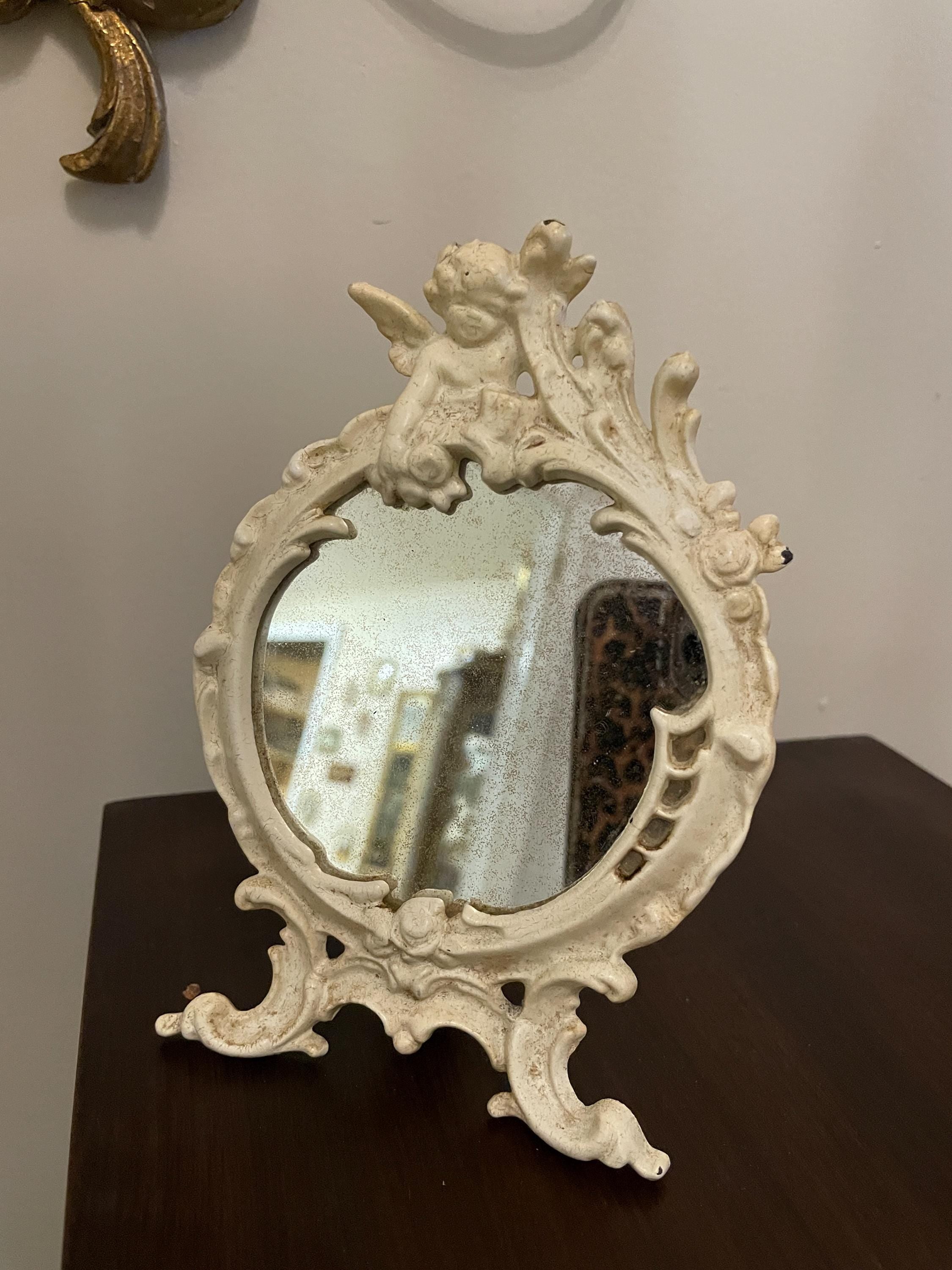 Vintage Ornate Tabletop with Cherub Accent Rococo Style Distressed White Finish Collectible Vanity Deco Antique Inspired Design Mirror